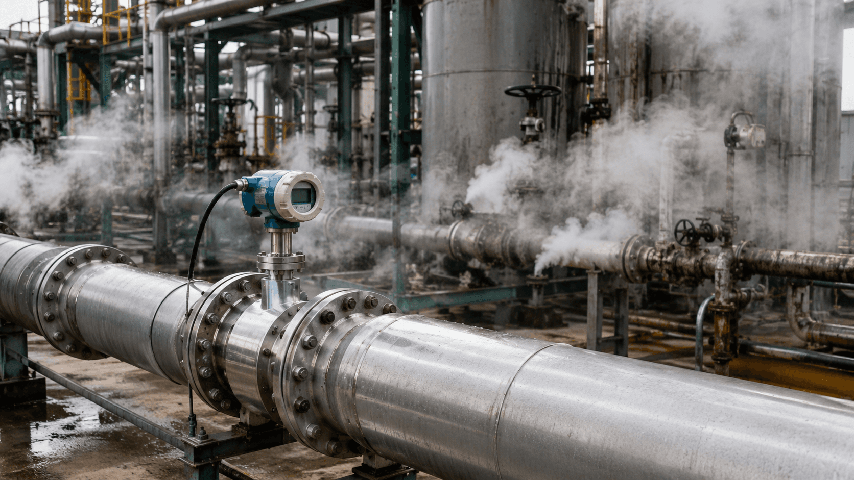 Industrial steam pipeline with visible leakage near a flowmeter