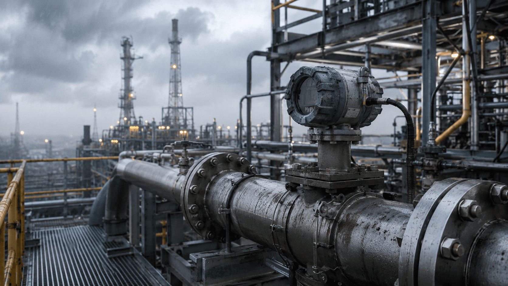 Industrial gas process pipeline and installed flowmeter
