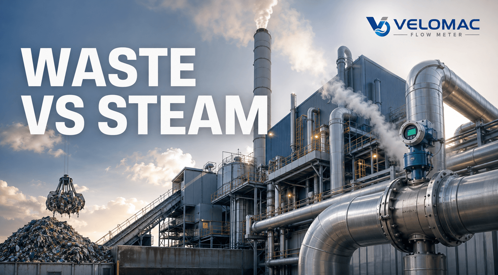 Waste-to-energy boiler and steam system showing steam flow measurement between waste processing and electricity generation.