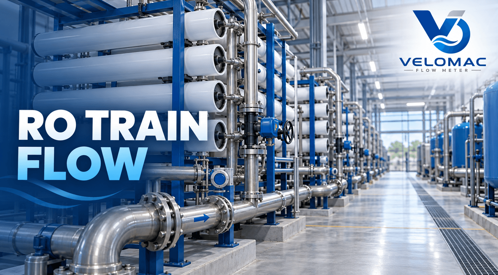 RO train flow measurement across parallel feed, permeate, and reject lines in a large water-reuse treatment plant.