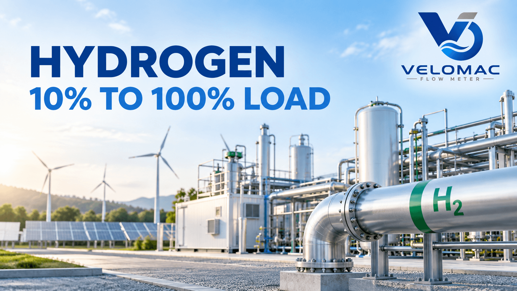 Hydrogen electrolyzer plant and gas piping illustrating hydrogen flowmeter selection across a 10% to 100% operating load range.